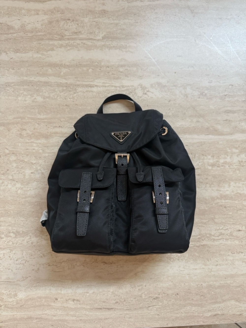 Prada Black Nylon Backpack with Front Buckle Pockets